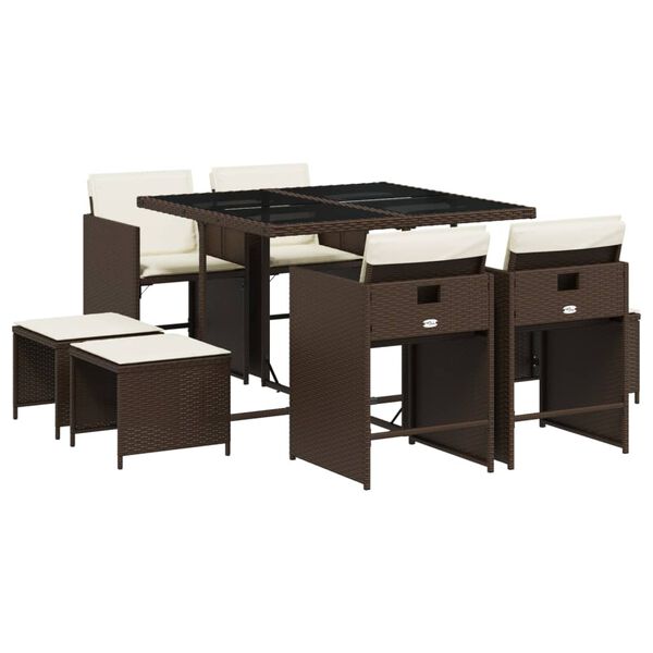 vidaXL 9d&iacute;ln&yacute; zahradn&iacute; j&iacute;deln&iacute; set s podu&scaron;kami hněd&yacute; polyratan