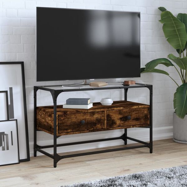 vidaXL TV skř&iacute;ňka se skleněnou deskou kouřov&yacute; dub 80x35x51 cm kompozit