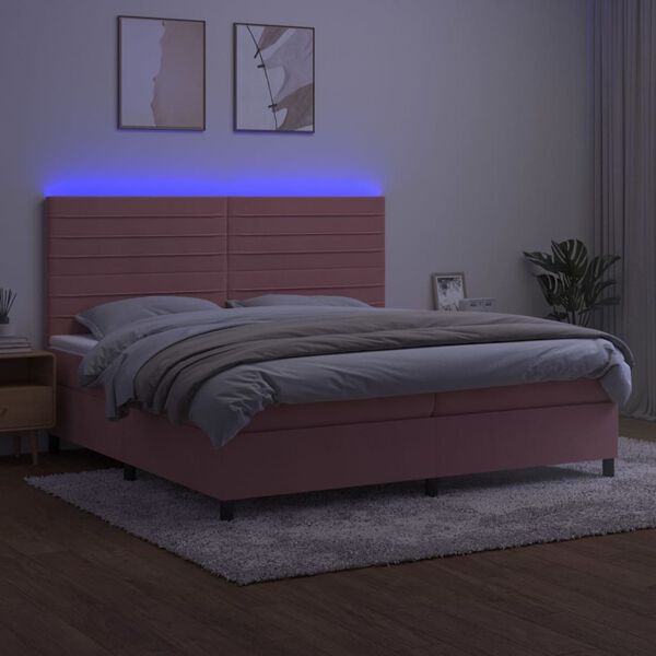 vidaXL Box spring postel s matrac&iacute; a LED růžov&aacute; 200x200 cm samet