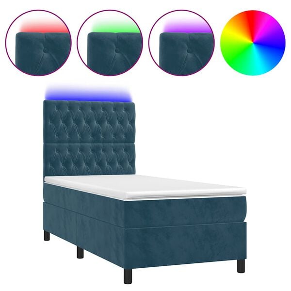 vidaXL Box spring postel s matrac&iacute; a LED tmavě modr&aacute; 90x200 cm samet