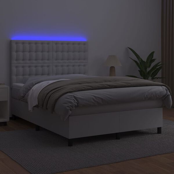 vidaXL Box spring postel s matrac&iacute; a LED b&iacute;l&aacute; 140x190 cm uměl&aacute; kůže