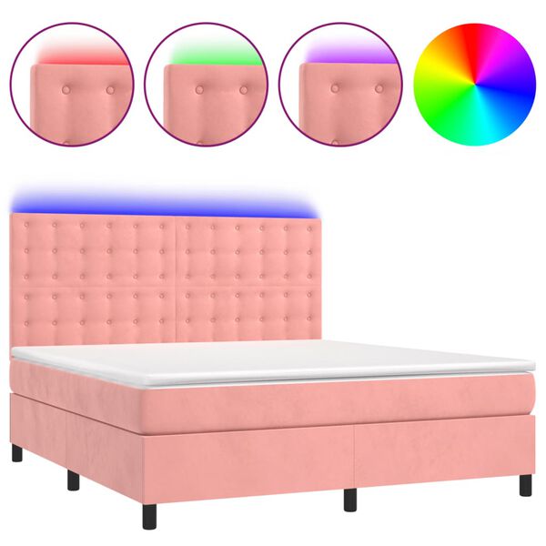 vidaXL Box spring postel s matrac&iacute; a LED růžov&aacute; 180x200 cm samet