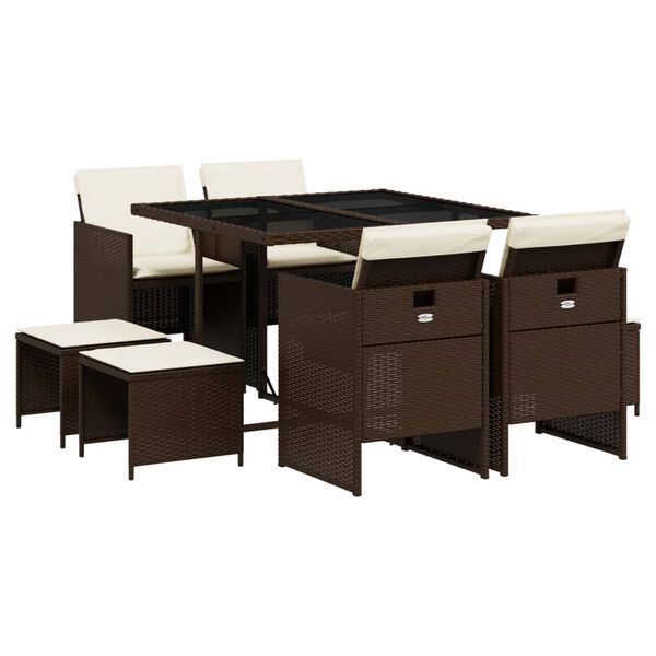 vidaXL 9d&iacute;ln&yacute; zahradn&iacute; j&iacute;deln&iacute; set s podu&scaron;kami hněd&yacute; polyratan