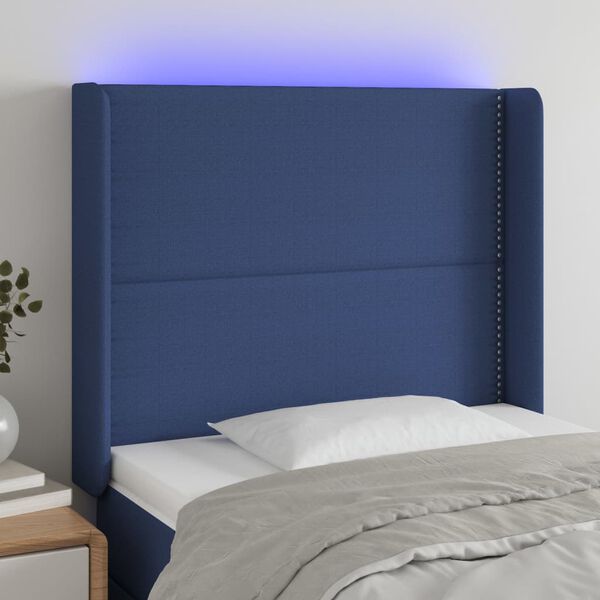 vidaXL Čelo postele s LED modr&eacute; 93 x 16 x 118/128 cm textil