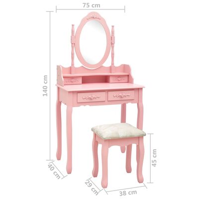 vidaXL Toaletní stolek se stoličkou růžový 75 x 69 x 140 cm pavlovnia