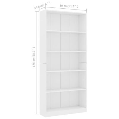 vidaXL Knihovna s 5 policemi bílá 80 x 24 x 175 cm dřevotříska