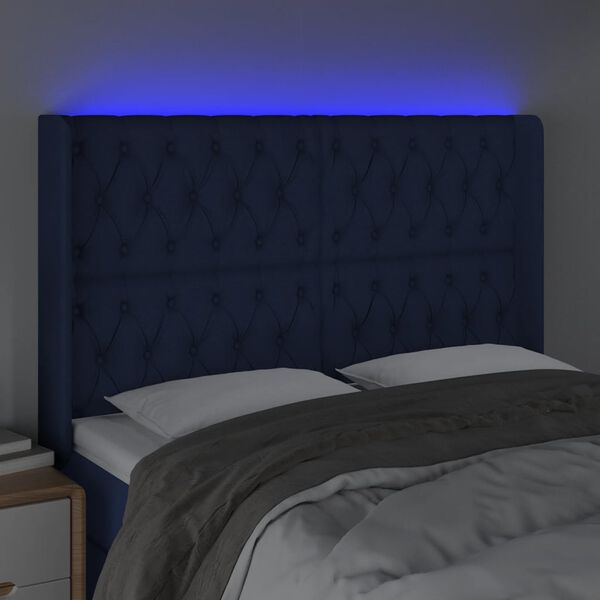 vidaXL Čelo postele s LED modr&eacute; 147 x 16 x 118/128 cm textil