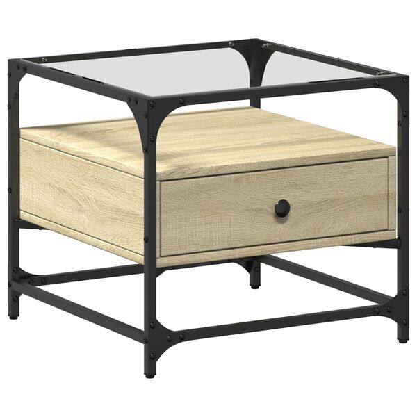 vidaXL Konferenčn&iacute; stolek skleněn&aacute; deska dub sonoma 50x50x45 cm ocel