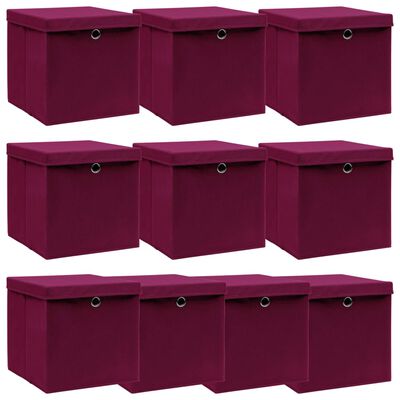 vidaXL Úložné boxy s víky 10 ks tmavě červené 32 x 32 x 32 cm textil