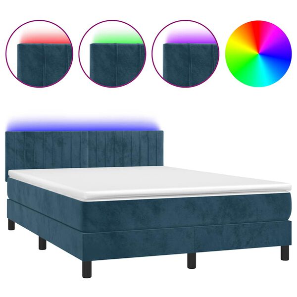 vidaXL Box spring postel s matrac&iacute; a LED tmavě modr&aacute; 140x190 cm samet