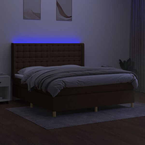 vidaXL Box spring postel s matrac&iacute; a LED tmavě hněd&aacute; 180x200 cm textil
