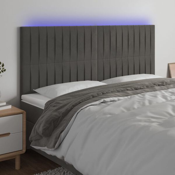 vidaXL Čelo postele s LED tmavě &scaron;ed&eacute; 180x5x118/128 cm samet