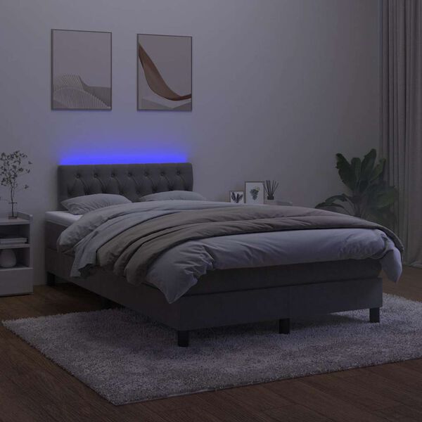 vidaXL Box spring postel s matrac&iacute; a LED tmavě &scaron;ed&aacute; 120 x 190 cm samet