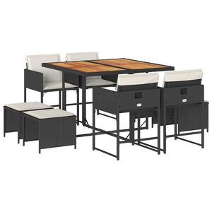 vidaXL 9d&iacute;ln&yacute; zahradn&iacute; j&iacute;deln&iacute; set s podu&scaron;kami čern&yacute; polyratan