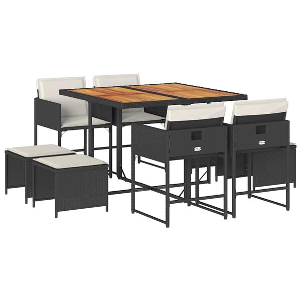 vidaXL 9d&iacute;ln&yacute; zahradn&iacute; j&iacute;deln&iacute; set s podu&scaron;kami čern&yacute; polyratan