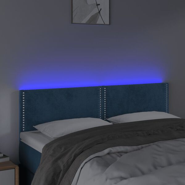 vidaXL Čelo postele s LED tmavě modr&eacute; 144x5x78/88 cm samet