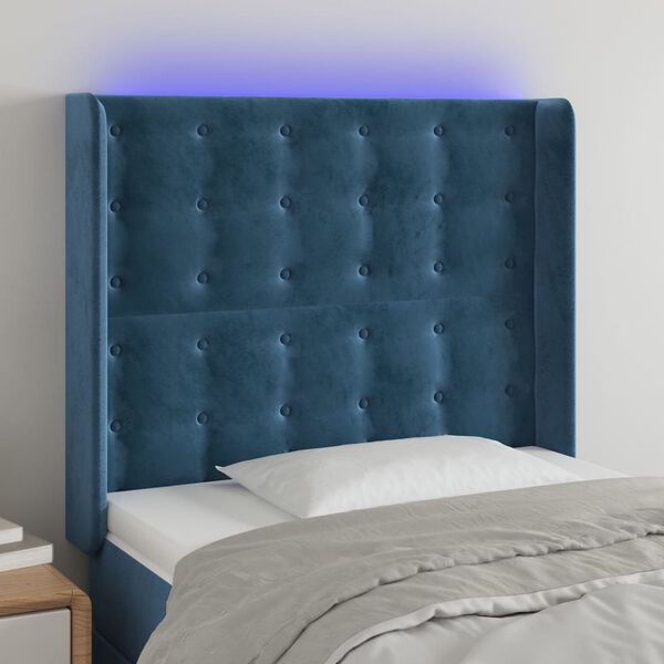 vidaXL Čelo postele s LED tmavě modr&eacute; 103 x 16 x 118/128 cm textil