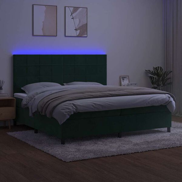 vidaXL Box spring postel s matrac&iacute; a LED tmavě zelen&aacute; 200x200 cm samet