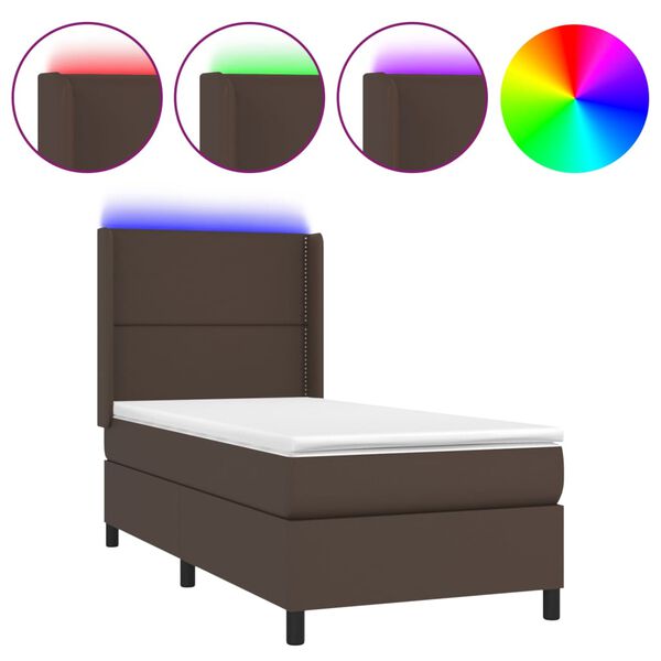 vidaXL Box spring postel s matrac&iacute; a LED hněd&aacute; 90x190 cm uměl&aacute; kůže