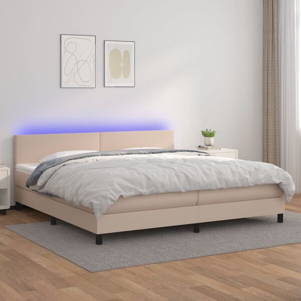 vidaXL Box spring postel matrace a LED cappuccino 200x200cm uměl&aacute; kůže