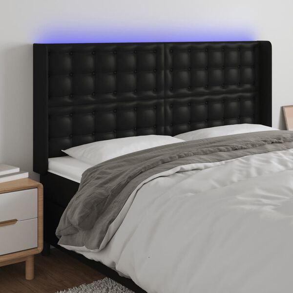 vidaXL Čelo postele s LED čern&eacute; 163 x 16 x 118/128 cm uměl&aacute; kůže