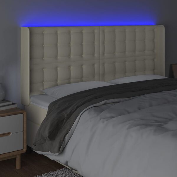 vidaXL Čelo postele s LED kr&eacute;mov&eacute; 163 x 16 x 118/128 cm uměl&aacute; kůže