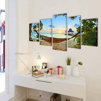 vidaXL Set tištěných obrazů na plátně pláž s houpací sítí 200 x 100 cm