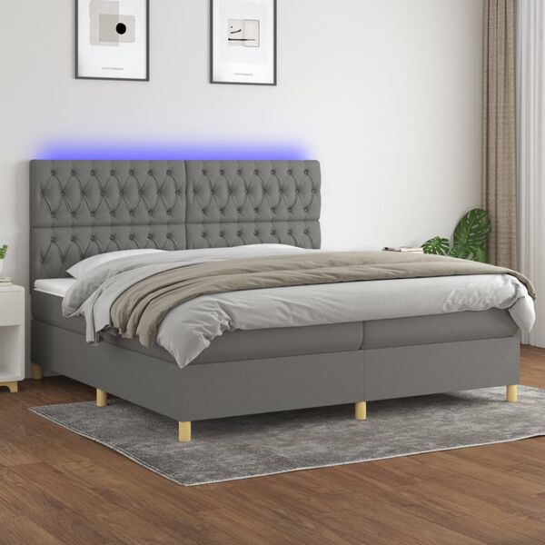 vidaXL Box spring postel s matrac&iacute; a LED tmavě &scaron;ed&aacute; 200x200 cm textil