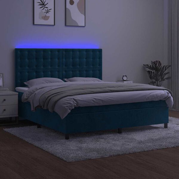 vidaXL Box spring postel s matrac&iacute; a LED tmavě modr&aacute; 180x200 cm samet