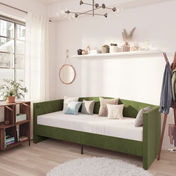 vidaXL V&aacute;lenda s matrac&iacute; a USB tmavě zelen&aacute; samet 90 x 200 cm