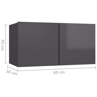 vidaXL Závěsné TV skříňky 3 ks šedé s vysokým leskem 60 x 30 x 30 cm