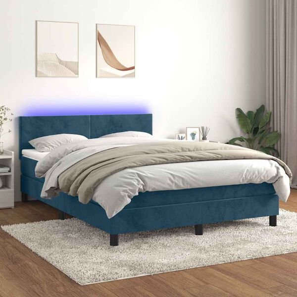 vidaXL Box spring postel s matrac&iacute; a LED tmavě modr&aacute; 140x190 cm samet