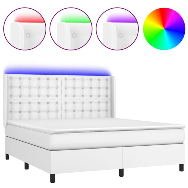 vidaXL Box spring postel s matrac&iacute; a LED b&iacute;l&aacute; 180x200 cm uměl&aacute; kůže