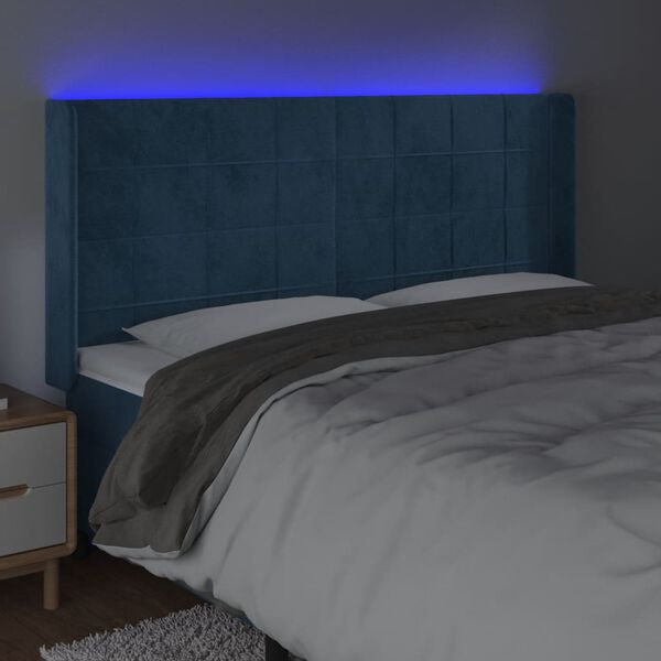 vidaXL Čelo postele s LED tmavě modr&eacute; 163 x 16 x 118/128 cm samet