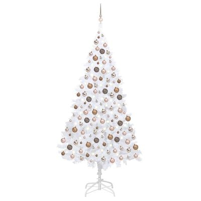 vidaXL Umělý vánoční stromek s LED a sadou koulí bílý 210 cm PVC