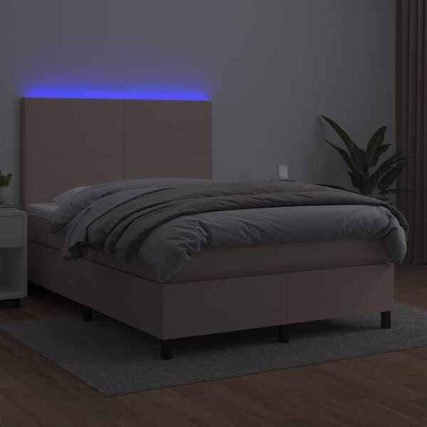 vidaXL Box spring postel matrace a LED cappuccino 140x200cm uměl&aacute; kůže