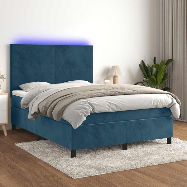 vidaXL Box spring postel s matrac&iacute; a LED tmavě modr&aacute; 140x200 cm samet