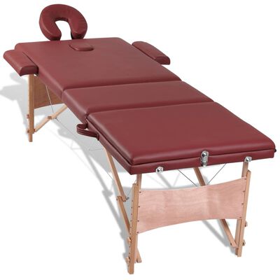 Červený skládací masážní stůl se 3 zónami a dřevěným rámem