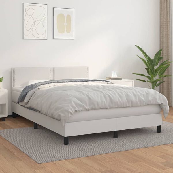 vidaXL Box spring postel s matrac&iacute; b&iacute;l&aacute; 140 x 190 cm uměl&aacute; kůže