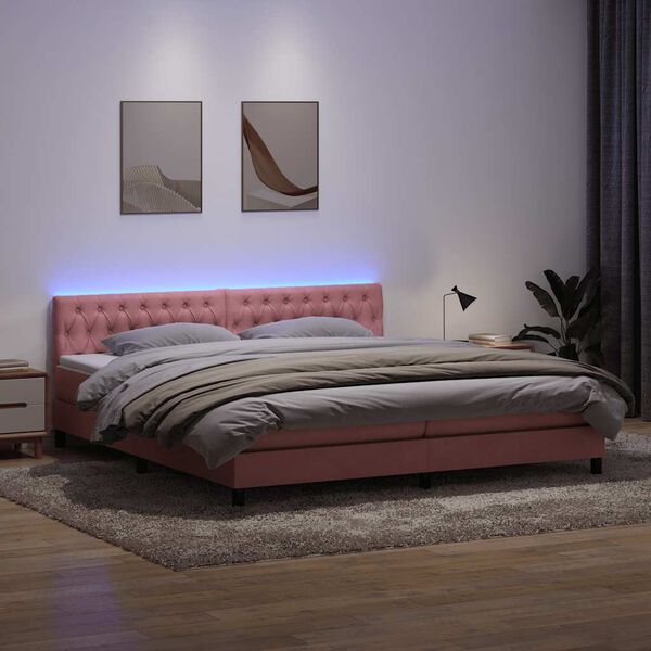 vidaXL Box spring postel s matrac&iacute; a LED růžov&aacute; 180x210 cm samet