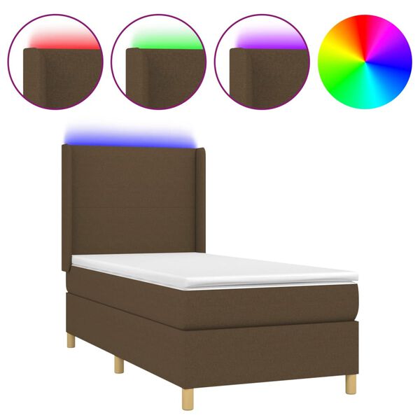 vidaXL Box spring postel s matrac&iacute; a LED tmavě hněd&aacute; 90x190 cm textil