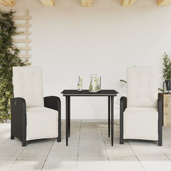 vidaXL 3dílný bistro set s poduškami černý polyratan