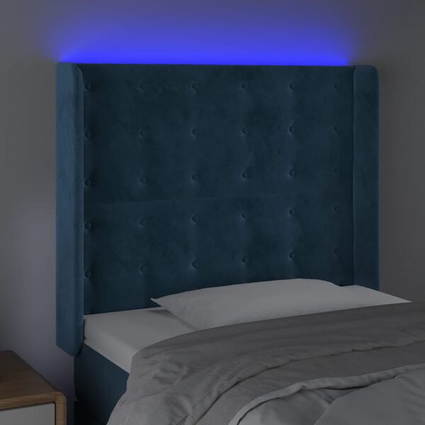 vidaXL Čelo postele s LED tmavě modr&eacute; 83 x 16 x 118/128 cm samet