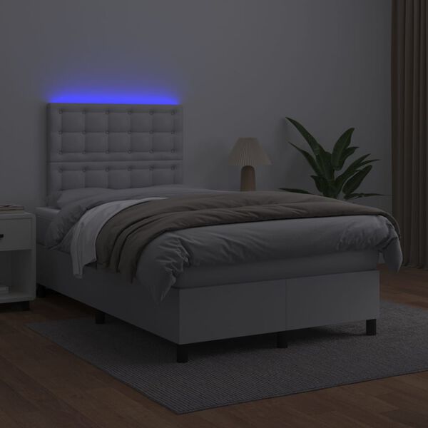 vidaXL Box spring postel s matrac&iacute; a LED b&iacute;l&aacute; 120x200 cm uměl&aacute; kůže