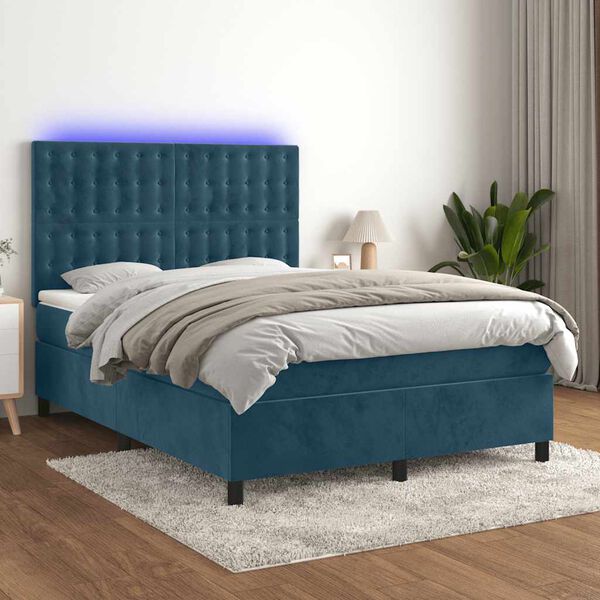 vidaXL Box spring postel s matrac&iacute; a LED tmavě modr&aacute; 140x190 cm samet