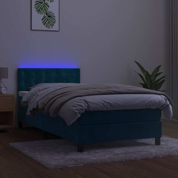 vidaXL Box spring postel s matrac&iacute; a LED tmavě modr&aacute; 100x200 cm samet