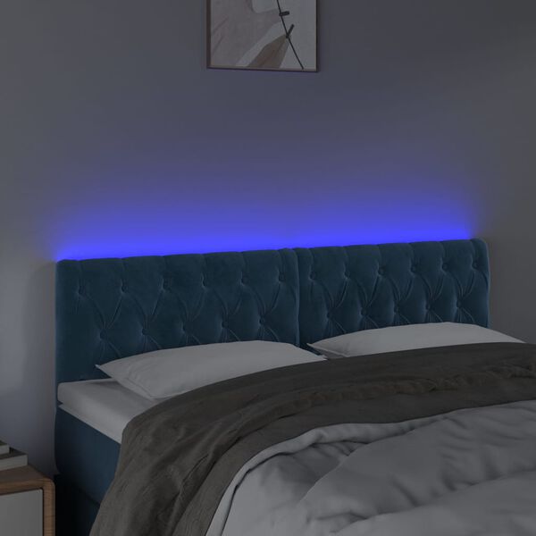 vidaXL Čelo postele s LED tmavě modr&eacute; 160 x 7 x 78/88 cm samet