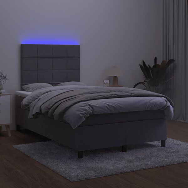vidaXL Box spring postel s matrac&iacute; a LED tmavě &scaron;ed&aacute; 120 x 190 cm samet