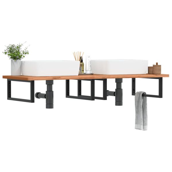 vidaXL Deska pod umyvadlo n&aacute;stěnn&aacute; ocel a masivn&iacute; bukov&eacute; dřevo