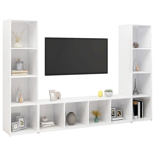vidaXL TV stolky 3 ks bílé vysoký lesk 142,5x35x36,5 cm dřevotříska